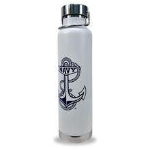 Load image into Gallery viewer, Navy Anchor Stainless Water Bottle (White)