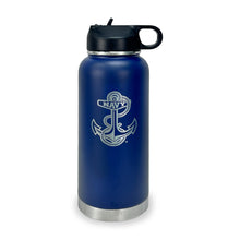 Load image into Gallery viewer, Navy Anchor Stainless Steel Laser Etched 32oz Water Bottle (Navy)