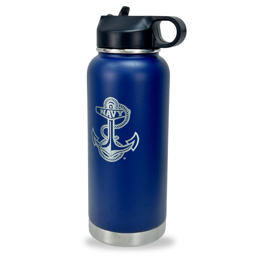 Navy Anchor Stainless Steel Laser Etched 32oz Water Bottle (Navy)