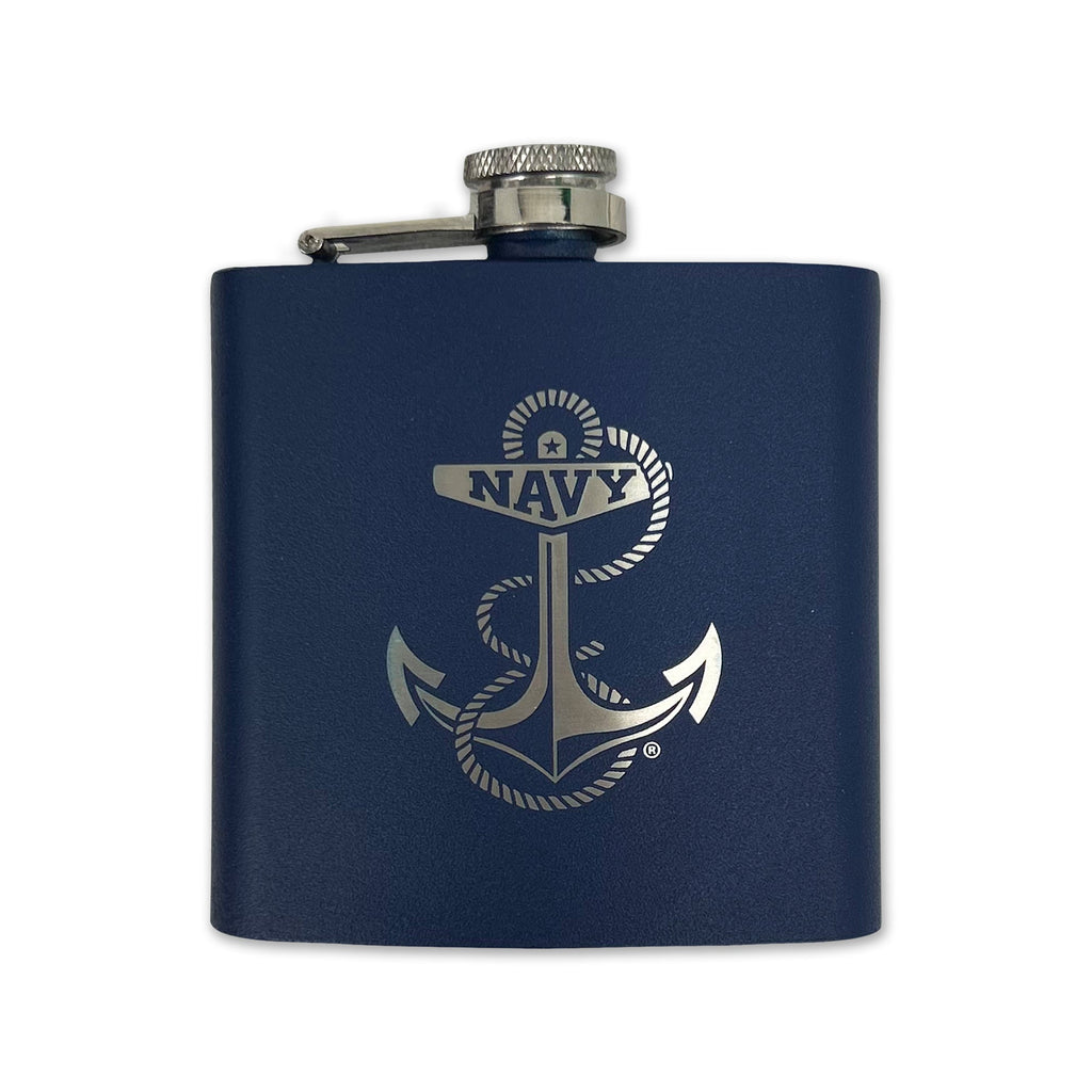 Navy Anchor 6oz Laser Etched Stainless Flask (Navy)