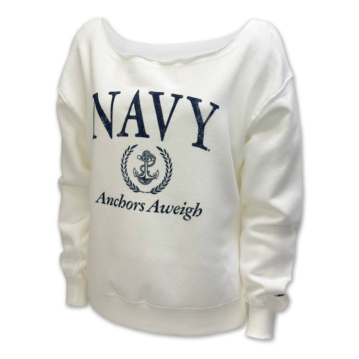 Navy Ladies Tiffany Off the Shoulder Sweatshirt (White)