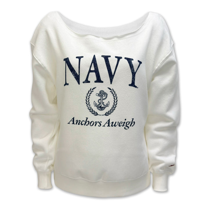 Navy Ladies Tiffany Off the Shoulder Sweatshirt (White)