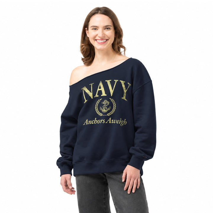 Navy Ladies Tiffany Off the Shoulder Sweatshirt (Navy)
