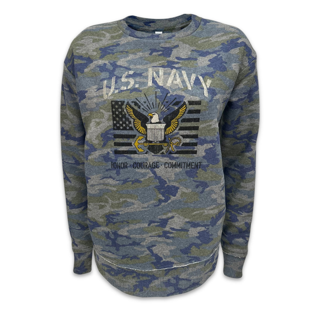 Navy Ladies Vintage Stencil Fleece Crewneck (Camo)