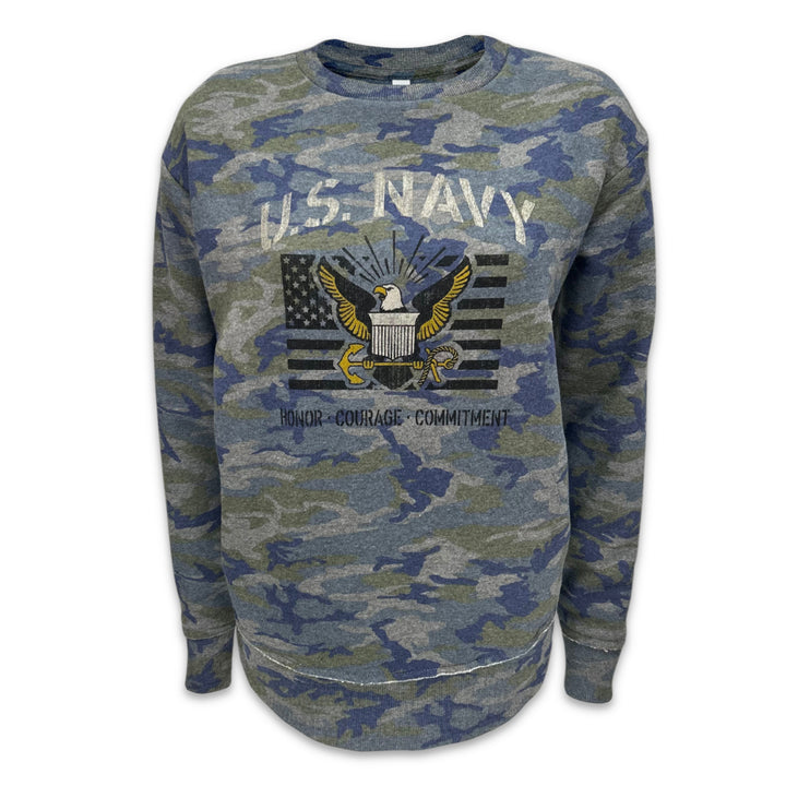 Navy Ladies Vintage Stencil Fleece Crewneck (Camo)