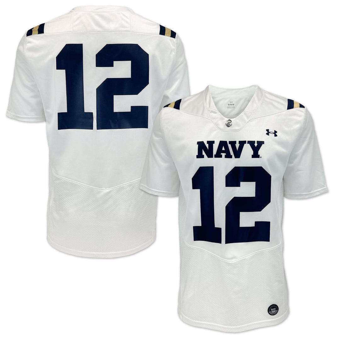 Navy Under Armour Sideline Replica #12 Football Jersey (White