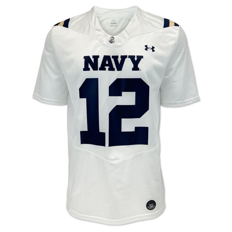 Navy Under Armour Sideline Replica #12 Football Jersey (White)