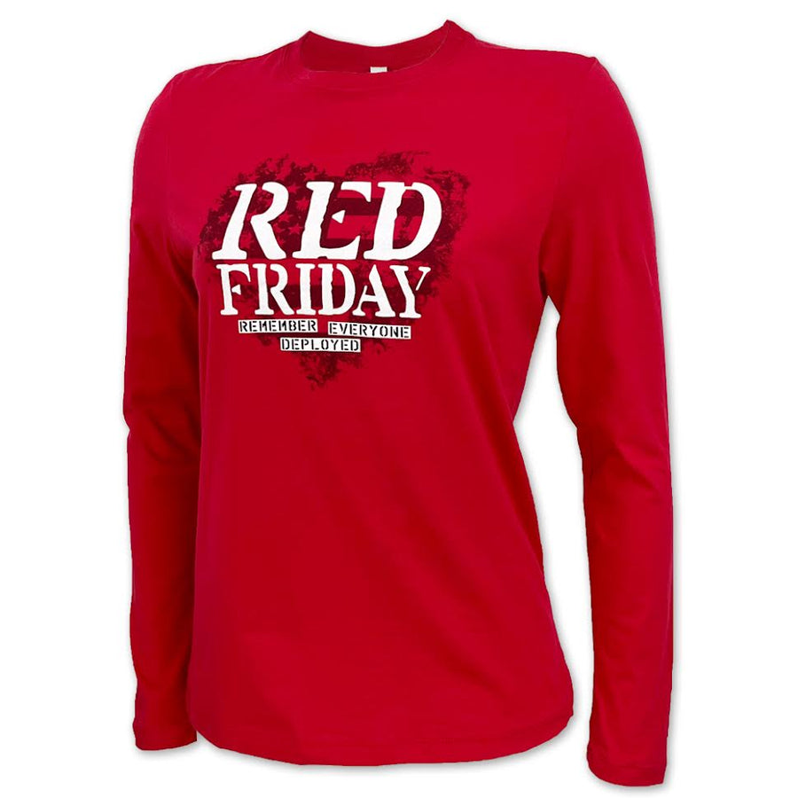 Ladies Red Friday Remember Everyone Deployed Heart Long Sleeve T-Shirt (Red)
