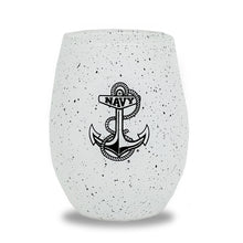 Load image into Gallery viewer, Navy Anchor 15oz Speckled Stemless Wine Glass (White)