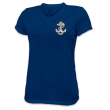 Load image into Gallery viewer, Navy Ladies Anchor Left Chest Performance T-Shirt