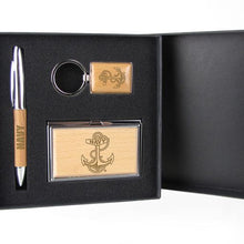 Load image into Gallery viewer, Navy Anchor Silver/Wood Gift Set with Pen, Keychain &amp; Business Card Case
