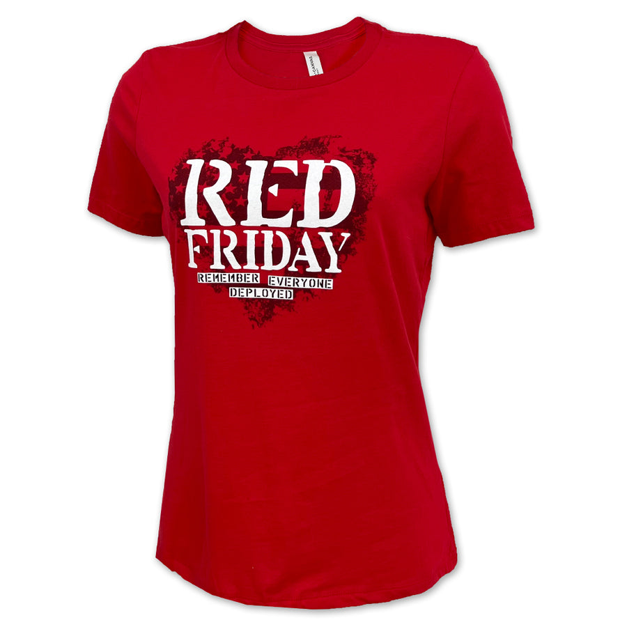 Ladies Red Friday Remember Everyone Deployed Heart T-Shirt (Red)