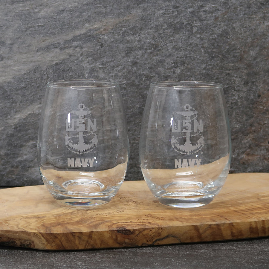 Navy Anchor Set of Two 15oz Stemless Wine Glasses