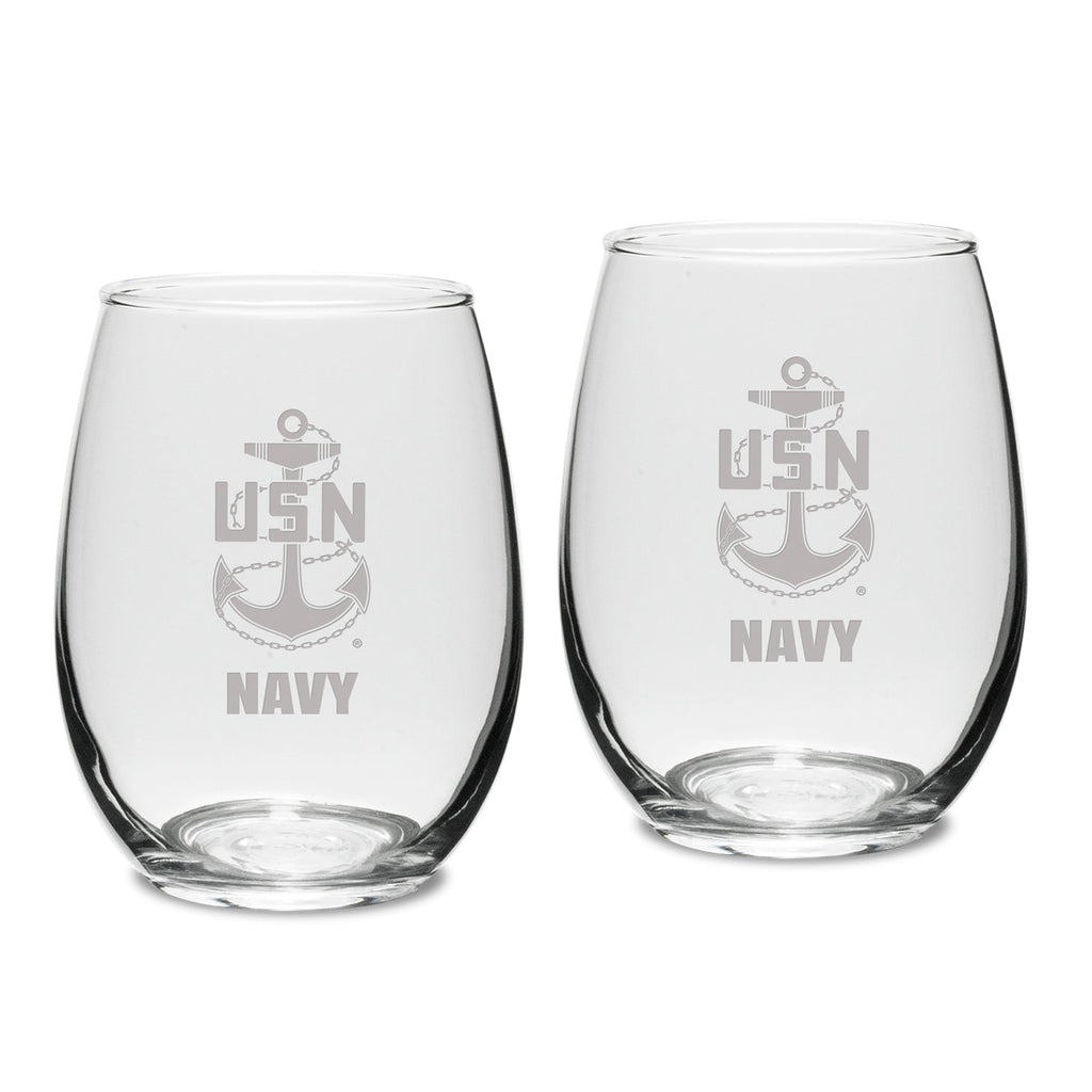 Navy Anchor Set of Two 15oz Stemless Wine Glasses