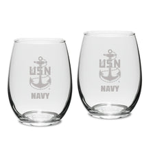 Load image into Gallery viewer, Navy Anchor Set of Two 15oz Stemless Wine Glasses