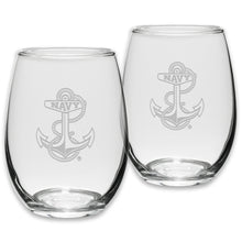 Load image into Gallery viewer, Navy Anchor Set of Two 21oz Stemless Wine Glasses (Clear)