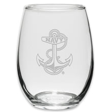Load image into Gallery viewer, Navy Anchor Set of Two 21oz Stemless Wine Glasses (Clear)