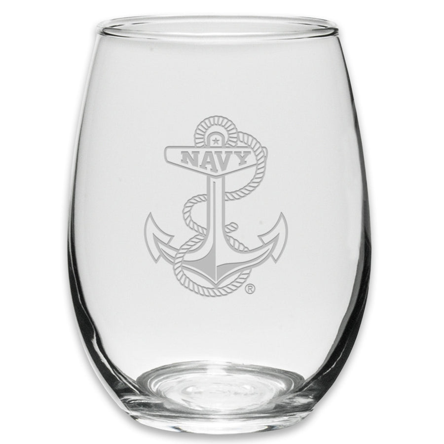 Navy Anchor Set of Two 21oz Stemless Wine Glasses (Clear)