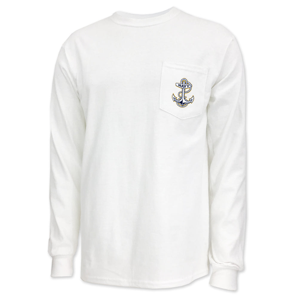 Navy Anchor Logo Pocket Long Sleeve T-Shirt