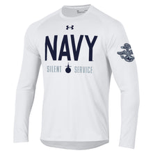 Load image into Gallery viewer, Navy Under Armour Silent Service Tech Long Sleeve T-Shirt (White)