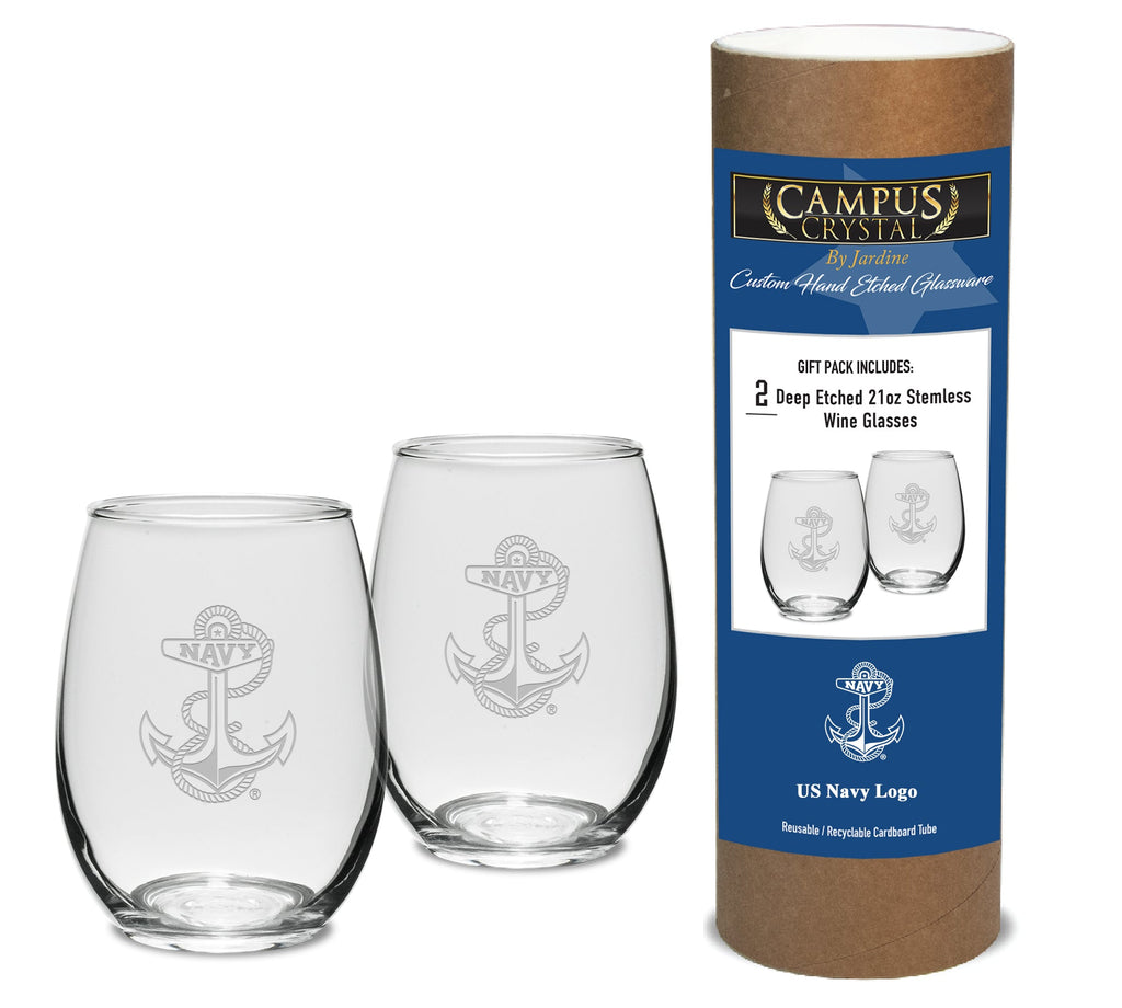 Navy Anchor Set of Two 21oz Stemless Wine Glasses (Clear)