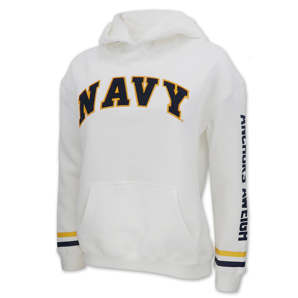 Navy Ladies Tackle Twill Fleece Stripe Hood (White)