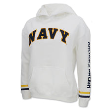 Load image into Gallery viewer, Navy Ladies Tackle Twill Fleece Stripe Hood (White)