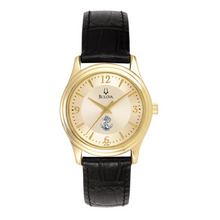 Load image into Gallery viewer, Navy Anchor Ladies Bulova Black Leather Strap Gold Plated Watch (Black)