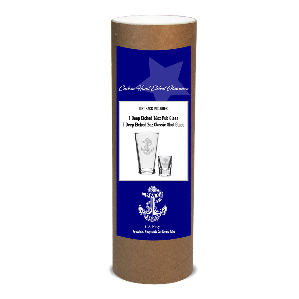 Navy Anchor 16oz Deep Etched Pub Glass and 2oz Classic Shot Glass (Clear)