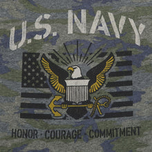 Load image into Gallery viewer, Navy Ladies Vintage Stencil T-Shirt (Camo)